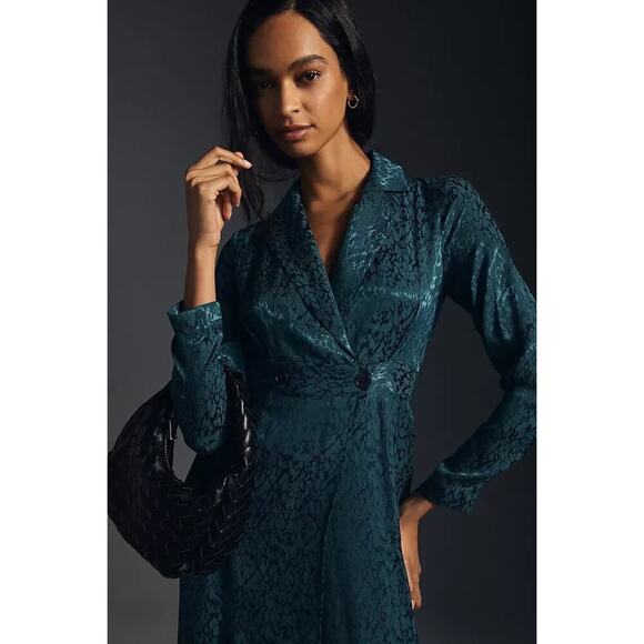 ANTHROPOLOGIE Blazer Wrap Dress Midi Indigo Teal Wrap Size 12 Satin Long Sleeve - Picture 1 of 10